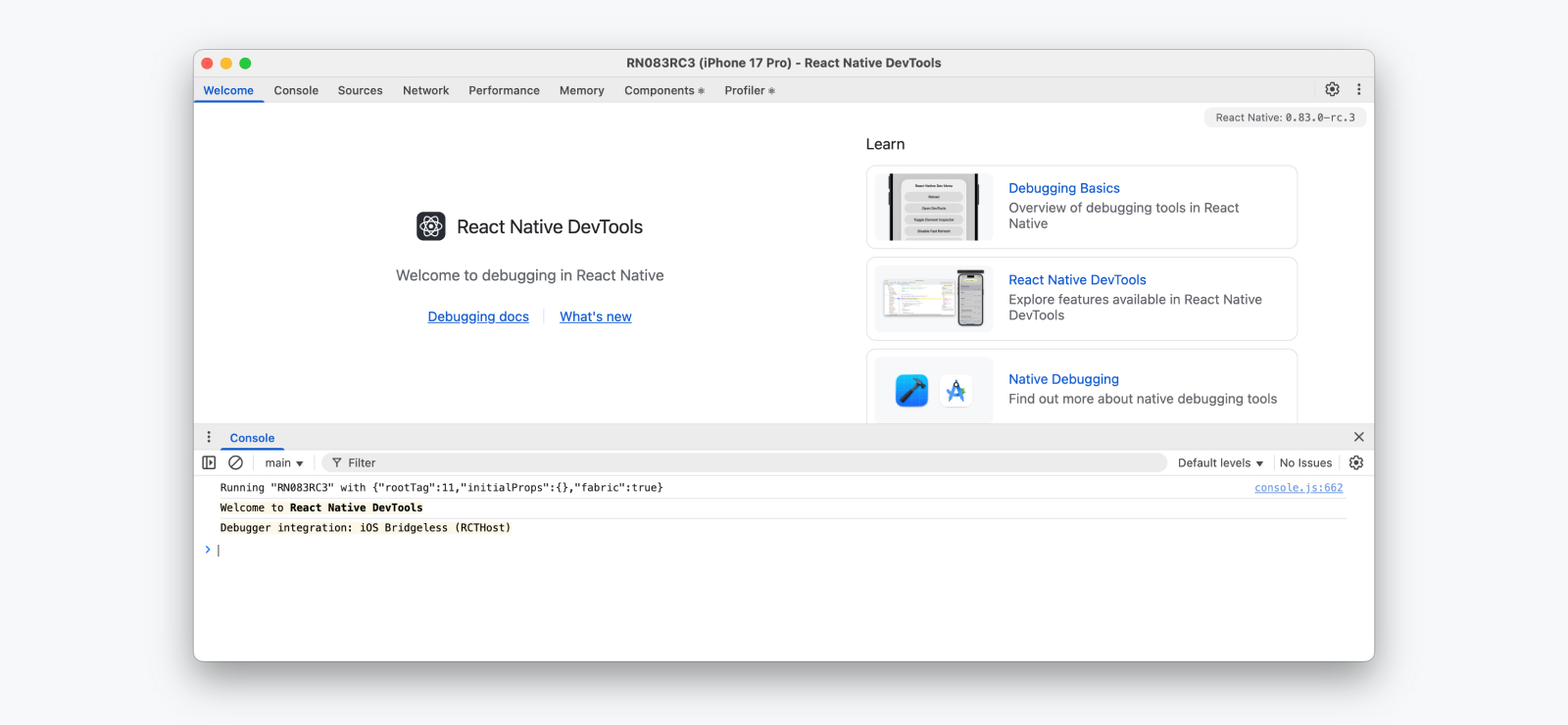 React Native DevTools opened to the &quot;Welcome&quot; pane